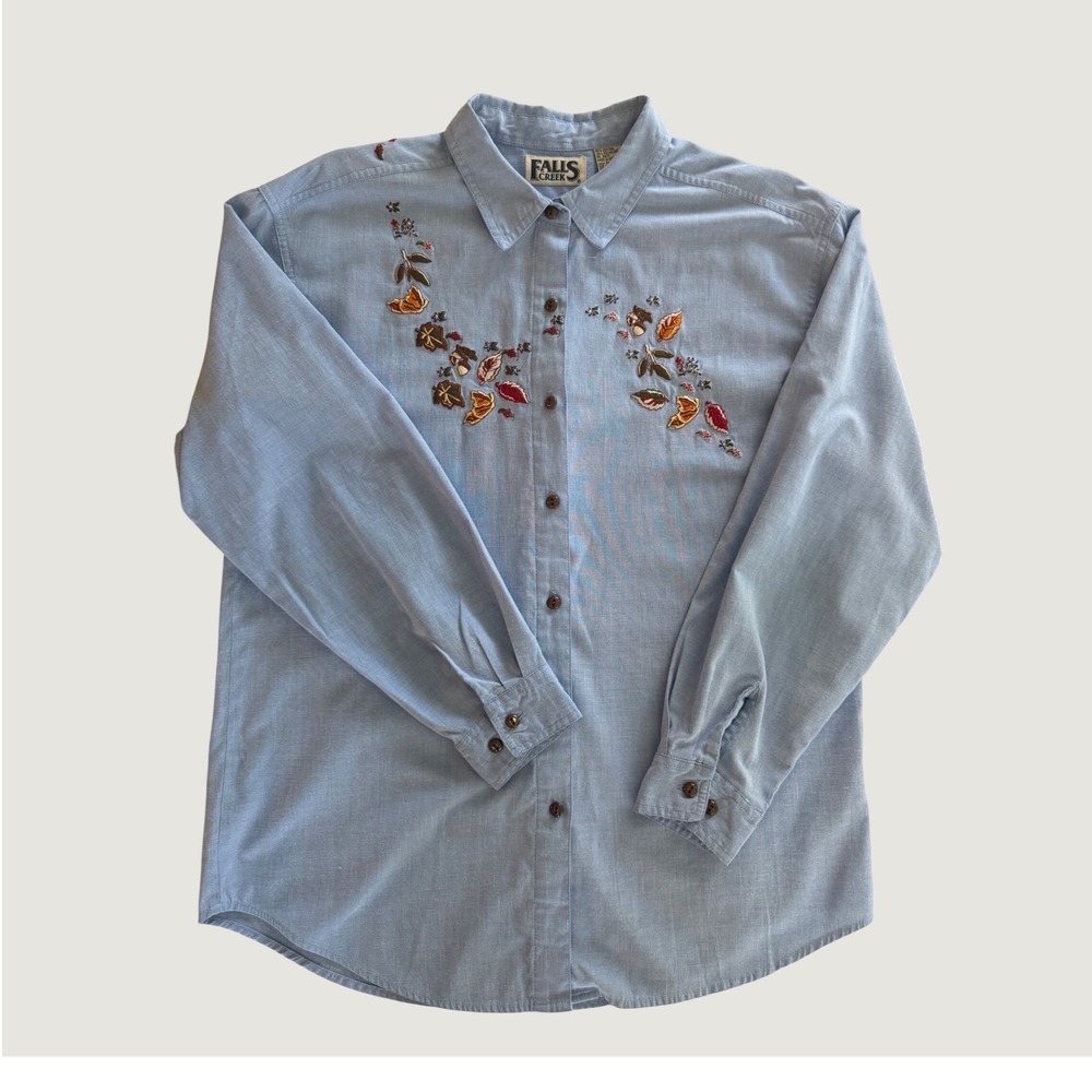Vintage Falls Creek Embroidered Leaf Button Down Shirt Blue Women's Medium